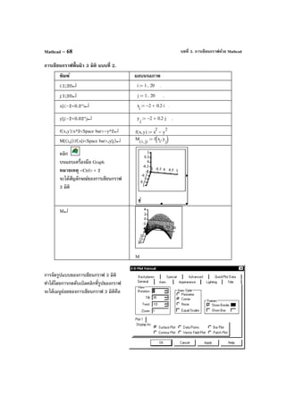 บทที่ 3. การเขียนกราฟด้วย MathcadMathcad – 68
การเขียนกราฟพื้นผิว 3 มิติ แบบที่ 2.
พิมพ์ ผลบนจอภาพ
i:1;20↵ i 1 20..:= .
j:1;20↵ j 1 20..:= .
x[i:-2+0.2*i↵ x
i
2− 0.2 i⋅+:= .
y[j:-2+0.02*j↵ y
j
2− 0.2 j⋅+:= .
f(x,y):x^2<Space bar>–y^2↵ f x y,( ) x
2
y
2
−:=
M[(i,j):f(x[i<Space bar>,y[j)↵ M
i j,( )
f x
i
y
j
,( ):=
คลิก
บนแถบเครื่องมือ Graph
หมายเหตุ <Ctrl> + 2
จะได้สัญลักษณ์ของการเขียนกราฟ
3 มิติ
M↵
M
การจัดรูปแบบของการเขียนกราฟ 3 มิติ
ทําได้โดยการกดดับเบิลคลิกที่รูปของกราฟ
จะได้เมนูย่อยของการเขียนกราฟ 3 มิติคือ
 
