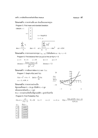 บทที่ 5. การเขียนโปรแกรมด้วยคําสั่งของ Mathcad Mathcad – 87
โปรแกรมที่ 5. การหาค่าเฉลี่ย และ ส่วนเบี่ยงเบนมาตรฐาน
โปรแกรมที่ 6. การหาระยะทางจากจุด ( 0x , 0y ) ไปยังเส้นตรง ax + by + c = 0
โปรแกรมที่ 7. การเขียนกราฟของ f(x) และ )x(f
'
โปรแกรมที่ 8. การหาความน่าจะเป็น
มีลูกบอลทั้งหมด N = 20 ลูก เป็นสีดํา k = 5 ลูก
หยิบออกมาพร้อมกัน n = 4 ลูก
P(x) = ความน่าจะเป็นที่จะได้ลูกบอลสีดํา x ลูกเท่ากับเท่าใด
Program 5. Find mean and standard deviation
ORIGIN 1:=
x
2
5
7
11
15














:=
n length x( ):=
i 1 n..:=
xbar
1
n
i
x
i∑
=
n
:= xbar 8= sd
1
n
i
x
i( )2
∑
=
n
xbar
2
−:= sd 4.561=
Program 6. Find distance from (xo,yo) to line ax+by+c = 0
a 3:= b 4:= c 10:= xo 2:= yo 5:=
distance
a xo⋅ b yo⋅+ c+
a
2
b
2
+
:= distance 7.2=
Program 8. Find Probability P(x)
C n r,( )
n!
r! n r− !⋅
:= N 20:= k 5:= n 4:= x 0 n..:= P x( )
C k x,( ) C N k− n x−,( )⋅
C N n,( )
:=
5 4 3 2 1 0 1 2 3 4
10
5
5
10
15
20
20
10−
f x( )
fpi x( )
45− x
Program 7. Graph of f(x) and f '(x)
f x( ) x
2
4 x⋅+ 5−:= fpi x( )
x
f x( )
d
d
:=
x 5− 4.99−, 4..:=
x
0
1
2
3
4
= P x( )
0.2817
0.4696
0.2167
0.0310
0.0010
=
 