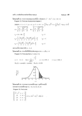 บทที่ 5. การเขียนโปรแกรมด้วยคําสั่งของ Mathcad Mathcad – 89
โปรแกรมที่ 13. การหารากของพหุนามระดับขั้น 3 เช่นสมการ 3
x – 6 2
x + 3x + 10 = 0
เพราะฉะนั้นรากสมการคือ 5, –1, 2
โปรแกรมที่ 14. การหาพื้นที่ใต้โค้งปกติมาตรฐาน จาก z = a ถึง z = b
โปรแกรมที่ 15. การหาสมการวงกลมที่ผ่านจุด 3 จุดที่กําหนดให้
จงหาสมการวงกลมที่ผ่านจุด (3, –4), (3, 4), (4, 3)
Program 12. Find root of polynomial degree 3
ORIGIN 1:= i 1 3..:= p 6−:= q 3:= r 10:= a
1
3
3 q⋅ p
2
−( )⋅:= b
1
27
2 p
3
⋅ 9 p⋅ q⋅− 27 r⋅+( )⋅:=
A
3
b
2
−
b
2
4
a
3
27
++:= B
3
b
2
−
b
2
4
a
3
27
+−:=
x
1
A B+( )
p
3
−:= x
1
5=
x
2
A B+
2






−
A B−
2






3−⋅+





p
3
−:= x
2
1−=
x
3
A B+
2






−
A B−
2






3−⋅−
p
3
−:= x
3
2=
Program 14. Find area from z = a to z = b
a 1:= b 2:= f z( )
1
2 π⋅
e
z
2
2
−
⋅:= z 4− 3.99−, 4..:= t a a 0.06+, b..:=
P a b,( ) cnorm b( ) cnorm a( )−:= P a b,( ) 0.1359=
4 3 2 1 0 1 2 3 4
0.1
0.2
0.3
0.4
f z( )
f t( )
z t,
Program 15. Find circle
x
2
y
2
+
25
25
25
x
3
3
4
y
4−
4
3
1
1
1
1












0 8− x
2
⋅ 8 y
2
⋅− 200+ 0→ .
 