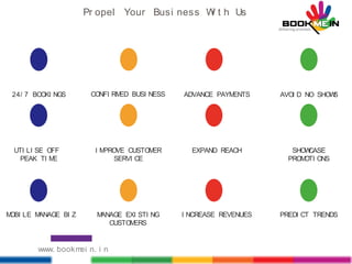 Pr opel Your Busi ness Wi t h Us
24/ 7 BOOKI NGS CONFI RMED BUSI NESS ADVANCE PAYMENTS AVOI D NO SHOWS
UTI LI SE OFF
PEAK TI ME
I MPROVE CUSTOMER
SERVI CE
EXPAND REACH SHOWCASE
PROMOTI ONS
MOBI LE MANAGE BI Z MANAGE EXI STI NG
CUSTOMERS
I NCREASE REVENUES PREDI CT TRENDS
www. bookmei n. i n
 