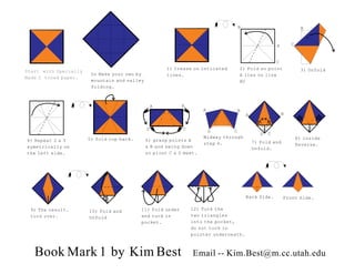 B                                B

                                                                                                                      A
                                                                                                     A       C


                                                                                               C
                                                      1) Crease on inticated     2) Fold so point                 3) Unfold
Start with Specially
                        Or Make your own by           lines.                     A lies on line
Made 2 toned paper.
                        mountain and valley                                      BC
                        folding.



                                                  A         B
                                                                     A          B
                                                                                      A                  B


                                              D             C                   C
                                                                      D
                                                                                             D   C
                       5) fold top back.                             Midway through                              8) Inside
4) Repeat 2 & 3                               6) grasp points A                           7) Fold and
                                                                     step 6.                                     Reverse.
symetrically on                               & B and swing down                          Unfold.
the left side.                                so piont C & D meet.




                                                                                      Back Side.         Front Side.

 9) The result.        10) Fold and        11) fold under       12) Tuck the
 turn over.            Unfold              and tuck in          two triangles
                                           pocket.              into the pocket,
                                                                do not tuck in
                                                                pointer underneath.



   Book Mark 1 by Kim Best                                      Email -- Kim.Best@m.cc.utah.edu
 