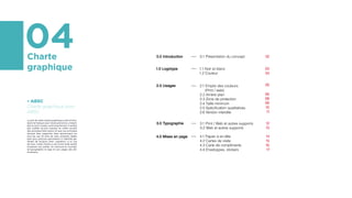 04Charte
graphique
0.0 Introduction
1.0 Logotype
2.0 Usages
3.0 Typographie
4.0 Mises en page
0.1 Présentation du concept
1.1 Noir et blanc
1.2 Couleur
2.1 Emploi des couleurs
(Print / web)
2.2 Arrière plan
2.3 Zone de protection
2.4 Taille minimum
2.5 Spécification qualitatives
2.6 Version interdite
3.1 Print / Web et autres supports
3.2 Web et autres supports
4.1 Papier à en-tête
4.2 Cartes de visite
4.3 Carte de compliments
4.4 Enveloppes, stickers
02
03
04
05
06
08
09
10
11
12
13
14
15
16
17
• ABSC
Charte graphique pour
ABSC
Le but de cette charte graphique a été d’intro-
duire la marque pour toute personne y travail-
lant à court, moyen voire long termes. Il ne faut
pas oublier qu’une marque se créée suivant
des principes bien précis et que ces principes
doivent être respectés dans absolument les
tous les cas. En plus de cela, certaines règles
bien plus précises permettent à l’identité gé-
nérale de toujours bien « paraitre » à la vue
de tous. Cette charte-ci est d’une taille plutôt
moyenne voir petite. On retrouve le concept,
la typographie, le logo et son usage, des dé-
clinaisons...
 