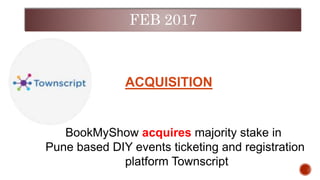 BookMyShow acquires majority stake in
Pune based DIY events ticketing and registration
platform Townscript
ACQUISITION
FEB 2017
 