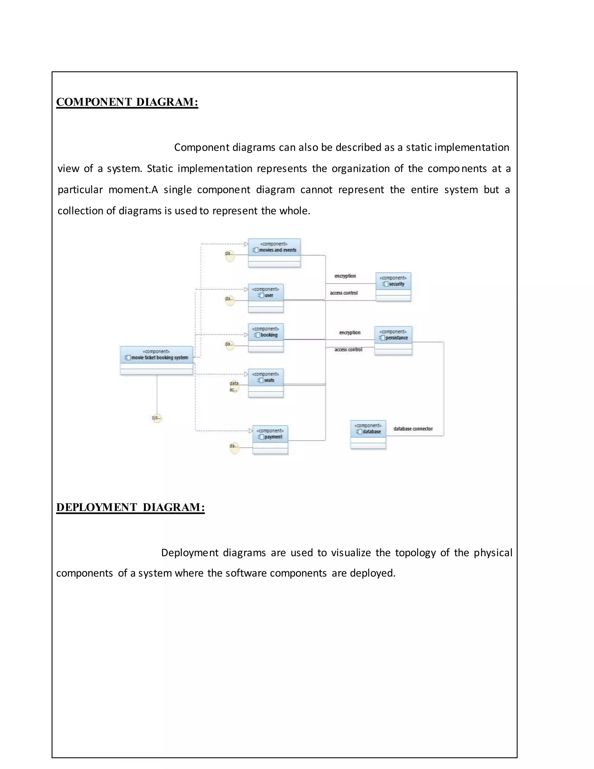 COMPONENT DIAGRAM:
Component diagrams can also be described as a static implementation
view of a system. Static implementation represents the organization of the components at a
particular moment.A single component diagram cannot represent the entire system but a
collection of diagrams is used to represent the whole.
DEPLOYMENT DIAGRAM:
Deployment diagrams are used to visualize the topology of the physical
components of a system where the software components are deployed.
 