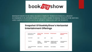 BOOKMYSHOW IS MUMBAI BASED COMPANY WHICH IS INDIA’S LARGEST
ECOMMERCE PLATFORM WHICH ALLOWS USERS TO BOOK TICKETS FOR MOVIES
AND VARIOUS EVENTS SUCH AS SPORTS THROUGH APP OR WEBSITE.
 