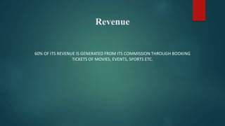 Revenue
60% OF ITS REVENUE IS GENERATED FROM ITS COMMISSION THROUGH BOOKING
TICKETS OF MOVIES, EVENTS, SPORTS ETC.
 