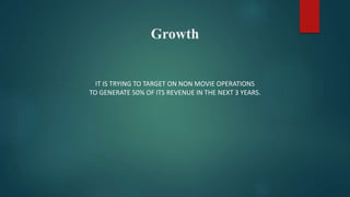 Growth
IT IS TRYING TO TARGET ON NON MOVIE OPERATIONS
TO GENERATE 50% OF ITS REVENUE IN THE NEXT 3 YEARS.
 