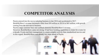 COMPETITOR ANALYSIS
Paytm entered into the movie ticketing business in late 2016 and accelerated in 2017.
BookMyShow’s revenue increased a little from $50 million in 20116 to $65 million, with growth
coming from the non-movie business.
Paytm's large customer base and cashback distorted BookMyShow’s revenue.
However, BookMyShow came out strong. It had been building capabilities to ticket for events for
a decade. Events and their management is a more complex activity than standardized movies and
in this regard. BookMyShow was already two steps ahead of Paytm.
 