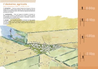 //////////////////////////////////////// 
///////////////////////////////////////////////////////////////////////////////// 
// domaine agricole 
atelier pédagogique, ENSP 1ère année, la crau 
// situation - Formé sur l’ancien Estuaire de la Durance, la Crau se 
partage entre un visage humide et agricole, celui de la maitrise des eaux de 
Crapone, et une figure plus sèche, dont le Mérinos s’approprie abondamment 
les prairies de Coussoul. 
// commande - Dans une logique de durabilité, le domaine du 
Merle souhaite repenser la valorisation de son terroir. Comment aborder 
la perméabilité de ce territoire pour favoriser la valorisation culturelle et 
environnementale des plaines de Crau? 
// projet - Pour diversifier son activité, le Domaine soit être capable 
d’accueillir un public. La Crau, territoire aux multiples visages se donne à voir 
et à pratiquer. Dans cette unique pinède, chaque sortie est une expérience 
nouvelle de la Crau. 
0.00m 
-0.10m 
-1.05m 
-2.10m 
coussoul gris 
prairie de fauche 
crau des amandiers 
étang des 
métamorphoses 
 