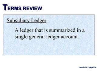 TTERMS REVIEWERMS REVIEW
Subsidiary LedgerSubsidiary Ledger
A ledger that is summarized in a
single general ledger account.
Lesson 12-1, page 274Lesson 12-1, page 274
 