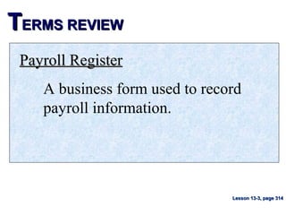TTERMS REVIEWERMS REVIEW
Payroll RegisterPayroll Register
A business form used to record
payroll information.
Lesson 13-3, page 314Lesson 13-3, page 314
 