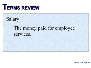 TTERMS REVIEWERMS REVIEW
SalarySalary
The money paid for employee
services.
Lesson 13-1, page 302Lesson 13-1, page 302
 