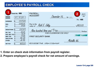 EMPLOYEE’S PAYROLL CHECKEMPLOYEE’S PAYROLL CHECK
1
2
1. Enter on check stub information from payroll register.
2. Prepare employee’s payroll check for net amount of earnings.
Lesson 13-4, page 320Lesson 13-4, page 320
 