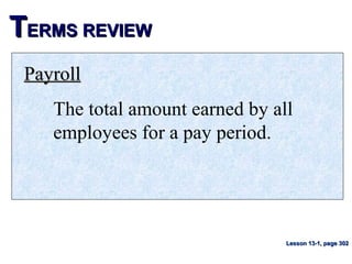 TTERMS REVIEWERMS REVIEW
PayrollPayroll
The total amount earned by all
employees for a pay period.
Lesson 13-1, page 302Lesson 13-1, page 302
 