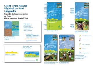 Client : Parc Naturel
Régional du Haut
Languedoc
Ensemble de la communication
du Parc :
Charte graphique On et off line
chartegraphiqueParcNaturelrégionalduHaut-Languedoc chartegraphiqueParcNaturelrégionalduHaut-Languedoc
Parc naturel régional
Une Terre de convictions
du Haut-Languedoc
Une typographie
qui illustre le travail
de l’homme pour
conserver durablement
son patrimoine
naturel et historique.
Une capacité à associer
les couleurs aux éléments
fondateurs
Les contours irréguliers de la police “Zonga” marque l’attachement à une terre de
contrastes et de diversités : vergers, garrigues, prairies, vignes, ...
Cette typographie s’inspire du “Goudy”, police à empatement, classique et intem-
porelle, elle marque un historique important.
Une typographie “script” qui met en évidence l’action volontaire de l’homme sur
son environnement. Son engagement, ses convictions pour un développement
durable et partagé par tous. Une vocation à faire, à construire en protégeant son
milieu naturel.
chartegraphiqueParcNaturelrégionalduHaut-LanguedocchartegraphiqueParcNaturelrégionalduHaut-Languedoc
TAR
N-HERAULT-MIDIPYRENEES - LANGUEDOC ROUSSILLON
Parc naturel régional
du Haut-Languedoc
Un “bloc marque” pour
révéler une identité
forte et convaincante
L’identifiant “montagne”
Les éléments constitutifs du bloc marque sont rassemblés dans une forme rectangulaire - symbole de force de
proposition. La forme géométrique simple témoignant de sa stabilité.
Le logotype PNR reste détaché comme une signature pour marquer son adhésion à
une charte nationale - mais avec une force de proposition et de conviction originale.
Signe distinctif fort pour le Parc Naturel Régional du Haut Languedoc
chartegraphiqueParcNaturelrégionalduHaut-Langue
Des pictogrammes
pour identifier et qualifier
le contenu du site.
Une déclinaison des thématiques qui seront utilisées dans la communication du parc. Ces thè
principaux peuvent être déclinés selon des besoins spécifiques. Cependant la multiplication de
togrammes peuvent nuire à leur lisibilité.
Nature et Environnement
Loisirs et animations
Terroir et gastronomie
Patrimoine
Développement local
TAR
N-HERAULT-MIDIPYRENEES - LANGUEDOC ROUSSILLON
Parc naturel régional
du Haut-Languedoc
La lettre
Nature et Environnement
loisirs et animations
Terroir et gastronomie
Patrimoine
Développement local
Les éléments
“fondateurs”
Le ciel sur fond
bleu, référants
montagne et du
panorama sur le
milieu naturel
le cercle ouvert
qui fait la liaison
entre le parc
et son
environnement
L’identifiant
“montagne”
Les pictogrammes
qui identifient
le contenu
le logo
PNR
en “signature”
La signature
institutionnelle
l’intitulé
du document
dans l’ouverture
du cercle
comme volonté
manifeste
du PNR à
communiquer
Document “généraliste”
maijuin2000
chartegraphiqueParcNaturelrégionalduHaut-Languedoc
Parc naturel régional
du Haut-Languedoc
Espace Rando
du Somail
Document “thématique”
Les codes couleurs
évoluent selon
la nature
des documents :
Ici vert pour la
découverte
d’un panorama sur
l’espace naturel
(le ciel)
L’intégration d’un
visuel sur
la thématique
concernée “cible”
d’avantage
le document
Sur la base d’un “3 volets” et format fermé de 10 X 20 cm
12balades
TAR
N-HERAULT-MIDIPYRENEES - LANGUEDOC ROUSSILLON
Parc naturel régional
du Haut-Languedoc
La lettre
Nature et Environnement
loisirs et animations
Terroir et gastronomie
Patrimoine
Développement local
Les éléments
“fondateurs”
Le ciel sur fond
bleu, référants
montagne et du
panorama sur le
milieu naturel
le cercle ouvert
qui fait la liaison
entre le parc
et son
environnement
L’identifiant
“montagne”
Les pictogrammes
qui identifient
le contenu
le logo
PNR
en “signature”
La signature
institutionnelle
l’intitulé
du document
dans l’ouverture
du cercle
comme volonté
manifeste
du PNR à
communiquer
Document “généraliste”
maijuin2
chartegraphiqueParcNaturelrégionalduHaut-Languedoc
TAR
N-HERAULT-MIDIPYRENEES - LANGUEDOC ROUSSILLON
Parc naturel régional
du Haut-Languedoc
Espace Rando
du Somail
Document “thématique”
Les codes couleurs
évoluent selon
la nature
des documents :
Ici vert pour la
découverte
d’un panorama sur
l’espace naturel
(le ciel)
L’intégration d’un
visuel sur
la thématique
concernée “cible”
d’avantage
le document
Sur la base d’un “3 volets” et format fermé de 10 X 20 cm
12balades
chartegraphiqueParcNaturelrégionalduHaut-Languedoc
TARN-HERAULT-MIDIPYRENEES - LANGUEDOC ROUSSILLON
Parc naturel régional
du Haut-Languedoc
la carte
d’identité
La carte d’identité du Parc
Sur la base d’un “3 volets” et format fermé de 10 X 20 cm
chartegraphiqueParcNaturelrégionalduHaut-Languedoc
Parc naturel régional
du Haut-Languedoc
Guide
d’accueil
Le guide d’accueil
Toujours avec un format “en hauteur” 12 X 21 cm
étéhiver2000
chartegraphiqueParcNaturelrégionalduHaut-Languedoc
Parc naturel régional
du Haut-Languedoc
la carte
d’identité
La carte d’identité du Parc
Sur la base d’un “3 volets” et format fermé de 10 X 20 cm
chartegraphiqueParcNaturelrégionalduHaut-Languedoc
TAR
N-HERAULT-MIDIPYRENEES - LANGUEDOC ROUSSILLON
Parc naturel régional
du Haut-Languedoc
Guide
d’accueil
Le guide d’accueil
Toujours avec un format “en hauteur” 12 X 21 cm
étéhiver2000
 