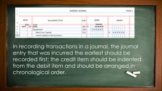 In recording transactions in a journal, the journal
entry that was incurred the earliest should be
recorded first; the credit item should be indented
from the debit item and should be arranged in
chronological order.
 