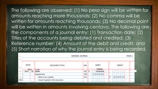 The following are observed: (1) No peso sign will be written for
amounts reaching more thousands; (2) No comma will be
written for amounts reaching thousands; (3) No decimal point
will be written in amounts involving centavo. The following are
the components of a journal entry: (1) Transaction date; (2)
Titles of the accounts being debited and credited; (3)
Reference number; (4) Amount of the debit and credit; and
(5) Short narration of why the journal entry is being recorded.
 