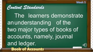 The learners demonstrate
anunderstanding of the
two major types of books of
accounts, namely, journal
and ledger.
 