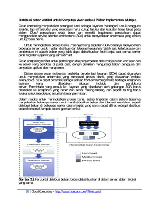 Distribusi beban vertikal untuk Komputasi Awan melalui Pilihan Implementasi Multiple.
Cloud computing menyediakan perangkat lunak sebagai layanan ―cadangan‖ untuk pengguna
terakhir, tapi infrastruktur yang mendasari harus cukup terukur dan kuat.dan harus fokus pada
sistem Cloud perusahaan skala besar dan meneliti bagaimana perusahaan dapat
menggunakan service-oriented architecture (SOA) untuk menyediakan antarmuka yang efisien
untuk proses bisnis.
    Untuk meningkatkan proses bisnis, masing-masing tingkatan SOA biasanya menyebarkan
beberapa server untuk muatan distribusi dan toleransi kesalahan. Salah satu keterbatasan dari
pendekatan ini adalah beban yang tidak dapat didistribusikan lebih lanjut saat semua server
pada tingkatan /jajaran yang sama dimuat.
Cloud computing terlihat untuk perhitungan dan penyimpanan data menjauh dari end user dan
ke server yang berlokasi di pusat data, dengan demikian mengurangi beban pengguna dari
penyedian aplikasi dan manajemen.
     Dalam sistem awan enterprise, arsitektur berorientasi layanan (SOA) dapat digunakan
untuk menyediakan antarmuka yang mendasari proses bisnis, yang ditawarkan melalui
awan(cloud). SOA dapat bertindak sebagai sebuah front-end terprogram ke berbagai komponen
layanan       yang           dibedakan      sebagai       individu     dan      pendukung
server. Permintaan yang masuk ke layanan yang disediakan oleh gabungan SOA harus
diteruskan ke komponen yang benar dan server masing-masing, dan seperti routing harus
terukur untuk mendukung sejumlah besar permintaan.
Dalam rangka untuk meningkatkan proses bisnis, setiap tingkatan dalam sistem biasanya
menyebarkan beberapa server untuk mendistribusikan beban dan toleransi kesalahan. seperti
distribusi beban di beberapa server dalam tingkat yang sama dapat dilihat sebagai distribusi
beban horisontal, tampak seperti gambar berikut :




Gambar 2.2 Horizontal distribusi beban: beban didistribusikan di dalam server, dalam tingkat
yang sama.

     26 Cloud Computing – http://www.facebook.com/ITlinks.co.id
 