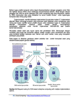 Berikut tugas analitik komposit online dapat direpresentasikan sebagai panggilan untuk Web
dan Aplikasi Server (WAS) untuk melakukan pra-pemrosesan tertentu, diikuti dengan sebuah
panggilan dari WAS ke server database (DB) untuk mengambil data yang dibutuhkan, setelah
itu WAS meneruskan data yang ditetapkan ke server analitik khusus untuk tugas-tugas
komputasi data mining yang mahal.
        Tugas komposit memiliki beberapa implementasi di pusat data modern IT. Implementasi
alternatif dapat memanggil prosedur yang tersimpan pada database untuk menjalankan data
mining dan bukan memiliki server analitik khusus untuk melakukan tugas ini. Implementasi
alternatif    menyediakan     distribusi   beban    vertikal     dengan      memungkinkan
penjadwalan pekerjaan untuk memilih implementasi WAS-dan-DB saat analitik
server tidak tersedia.
Reusability adalah salah satu tujuan utama dari pendekatan SOA. Sehubungan dengan
reusability yang tinggi dari komponen aplikasi, adalah mungkin untuk menentukan alur kerja
yang kompleks dengan beberapa cara. Namun sulit untuk menilai, mana yang merupakan
penerapan yang terbaik
Pada bagian ini diberikan gambaran sistem arsitektur dan contoh komputasi awan yang
disederhanakan(seperti gambar berikut).




Gambar 2.4 Request routing for SOA-based enterprise computing with multiple implementation
options.

     28 Cloud Computing – http://www.facebook.com/ITlinks.co.id
 