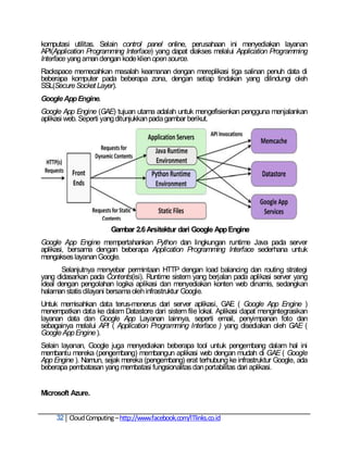 komputasi utilitas. Selain control panel online, perusahaan ini menyediakan layanan
API(Application Programming Interface) yang dapat diakses melalui Application Programming
Interface yang aman dengan kode klien open source.
Rackspace memecahkan masalah keamanan dengan mereplikasi tiga salinan penuh data di
beberapa komputer pada beberapa zona, dengan setiap tindakan yang dilindungi oleh
SSL(Secure Socket Layer).
Google App Engine.
Google App Engine (GAE) tujuan utama adalah untuk mengefisienkan pengguna menjalankan
aplikasi web. Seperti yang ditunjukkan pada gambar berikut.




                        Gambar 2.6 Arsitektur dari Google App Engine
Google App Engine mempertahankan Python dan lingkungan runtime Java pada server
aplikasi, bersama dengan beberapa Application Programming Interface sederhana untuk
mengakses layanan Google.
       Selanjutnya menyebar permintaan HTTP dengan load balancing dan routing strategi
yang didasarkan pada Contents(isi). Runtime sistem yang berjalan pada aplikasi server yang
ideal dengan pengolahan logika aplikasi dan menyediakan konten web dinamis, sedangkan
halaman statis dilayani bersama oleh infrastruktur Google.
Untuk memisahkan data terus-menerus dari server aplikasi, GAE ( Google App Engine )
menempatkan data ke dalam Datastore dari sistem file lokal. Aplikasi dapat mengintegrasikan
layanan data dan Google App Layanan lainnya, seperti email, penyimpanan foto dan
sebagainya melalui API ( Application Programming Interface ) yang disediakan oleh GAE (
Google App Engine ).
Selain layanan, Google juga menyediakan beberapa tool untuk pengembang dalam hal ini
membantu mereka (pengembang) membangun aplikasi web dengan mudah di GAE ( Google
App Engine ). Namun, sejak mereka (pengembang) erat terhubung ke infrastruktur Google, ada
beberapa pembatasan yang membatasi fungsionalitas dan portabilitas dari aplikasi.


Microsoft Azure.


     32 Cloud Computing – http://www.facebook.com/ITlinks.co.id
 