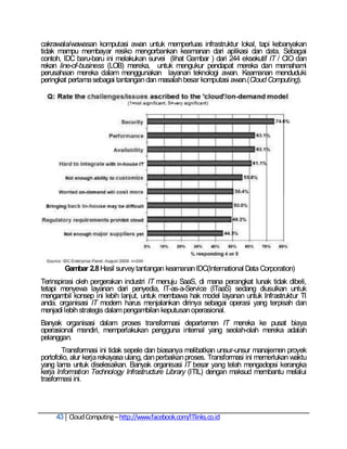 cakrawala/wawasan komputasi awan untuk memperluas infrastruktur lokal, tapi kebanyakan
tidak mampu membayar resiko mengorbankan keamanan dari aplikasi dan data. Sebagai
contoh, IDC baru-baru ini melakukan survei (lihat Gambar ) dari 244 eksekutif IT / CIO dan
rekan line-of-business (LOB) mereka, untuk mengukur pendapat mereka dan memahami
perusahaan mereka dalam menggunakan layanan teknologi awan. Keamanan menduduki
peringkat pertama sebagai tantangan dan masalah besar komputasi awan.(Cloud Computing).




        Gambar 2.8 Hasil survey tantangan keamanan IDC(International Data Corporation)
Terinspirasi oleh pergerakan industri IT menuju SaaS, di mana perangkat lunak tidak dibeli,
tetapi menyewa layanan dari penyedia, IT-as-a-Service (ITaaS) sedang diusulkan untuk
mengambil konsep ini lebih lanjut, untuk membawa hak model layanan untuk Infrastruktur TI
anda. organisasi IT modern harus menjalankan dirinya sebagai operasi yang terpisah dan
menjadi lebih strategis dalam pengambilan keputusan operasional.
Banyak organisasi dalam proses transformasi departemen IT mereka ke pusat biaya
operasional mandiri, memperlakukan pengguna internal yang seolah-olah mereka adalah
pelanggan.
        Transformasi ini tidak sepele dan biasanya melibatkan unsur-unsur manajemen proyek
portofolio, alur kerja rekayasa ulang, dan perbaikan proses. Transformasi ini memerlukan waktu
yang lama untuk diselesaikan. Banyak organisasi IT besar yang telah mengadopsi kerangka
kerja Information Technology Infrastructure Library (ITIL) dengan maksud membantu melalui
trasformasi ini.




     43 Cloud Computing – http://www.facebook.com/ITlinks.co.id
 