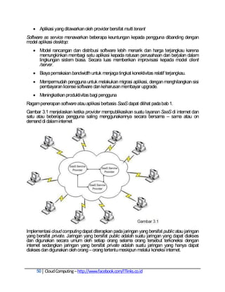  Aplikasi yang ditawarkan oleh provider bersifat multi tenant
Software as service menawarkan beberapa keuntungan kepada pengguna dibanding dengan
model aplikasi desktop:
    Model rancangan dan distribusi software lebih menarik dan harga terjangkau karena
     memungkinkan membagi satu aplikasi kepada ratusan perusahaan dan berjalan dalam
     lingkungan sistem biasa. Secara luas memberikan improvisasi kepada model client
     /server.
    Biaya pemakaian bandwidth untuk menjaga tingkat konektivitas relatif terjangkau.
    Mempermudah pengguna untuk melakukan migrasi aplikasi, dengan menghilangkan sisi
     pembayaran license software dan keharusan membayar upgrade.
    Meningkatkan produktivitas bagi pengguna
Ragam penerapan software atau aplikasi berbasis SaaS dapat dilihat pada bab 1.
Gambar 3.1 menjelaskan ketika provider mempublikasikan suatu layanan SaaS di internet dan
satu atau beberapa pengguna saling menggunakannya secara bersama – sama atau on
demand di dalam internet




Implementasi cloud computing dapat diterapkan pada jaringan yang bersifat public atau jaringan
yang bersifat private. Jaringan yang bersifat public adalah suatu jaringan yang dapat diakses
dan digunakan secara umum oleh setiap orang selama orang tersebut terkoneksi dengan
internet sedangkan jaringan yang bersifat private adalah suatu jaringan yang hanya dapat
diakses dan digunakan oleh orang – orang tertentu meskipun melalui koneksi internet.



     50 Cloud Computing – http://www.facebook.com/ITlinks.co.id
 