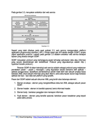 Pada gambar 3.3, merupakan arsitektur dari web service




Seperti yang telah dibahas pada awal subbab 3.3, web service menggunakan platform
application programming interface ( API ). Prinsip dasar dari API identik dengan SOAP ( simple
object application protocol ) seperti pada gambar 3.3 didalam arsitektur web service terdapat
lapisan yang disebut dengan SOAP.
SOAP merupakan protocol yang bertanggung jawab terhadap pertukaran data atau informasi
yang secara desentralisasi dan terdistribusi. Protocol yang digunakannya adalah http (
hypertext transfer protocol ).
        Peranan SOAP di dalam teknologi web service adalah sebagai protocol yang melakukan
pemaketan pesan – pesan ( messages ) yang digunakan secara bersama oleh aplikasi –
aplikasi penggunanya. Spesifikasi pemaketannya sendiri tidak lebih dari sebuah amplop biasa
berbasis XML untuk sebuah informasi yang akan dikirim, serta sekumpulan aturan bagi translasi
aplikasi dan tipe – tipe data dari platform yang spesifik.
Pesan dari SOAP adalah sebuah dokumen XML yang terdiri atas beberapa element :
   1. Elemen envelope : elemen yang mengidentifikasi dokumen XML sebagai sebuah pesan
      SOAP.
   2. Elemen header : elemen ini bersifat opsional, berisi informasi header.
   3. Elemen body : berisikan panggilan dan merespon informasi.
   4. Fault elemen : elemen yang bersifat opsional, berisikan pesan kesalahan yang terjadi
      pada waktu proses.




     59 Cloud Computing – http://www.facebook.com/ITlinks.co.id
 