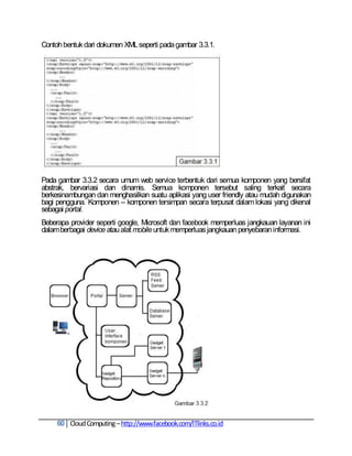 Contoh bentuk dari dokumen XML seperti pada gambar 3.3.1.




Pada gambar 3.3.2 secara umum web service terbentuk dari semua komponen yang bersifat
abstrak, bervariasi dan dinamis. Semua komponen tersebut saling terkait secara
berkesinambungan dan menghasilkan suatu aplikasi yang user friendly atau mudah digunakan
bagi pengguna. Komponen – komponen tersimpan secara terpusat dalam lokasi yang dikenal
sebagai portal.
Beberapa provider seperti google, Microsoft dan facebook memperluas jangkauan layanan ini
dalam berbagai device atau alat mobile untuk memperluas jangkauan penyebaran informasi.




     60 Cloud Computing – http://www.facebook.com/ITlinks.co.id
 