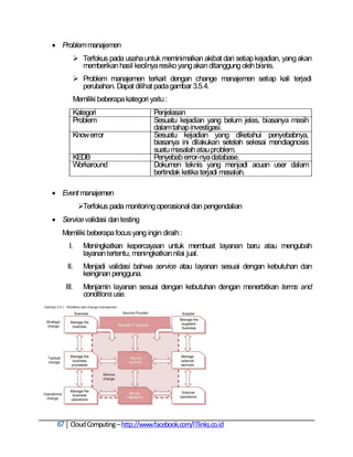  Problem manajemen
        Terfokus pada usaha untuk meminimalkan akibat dari setiap kejadian, yang akan
         memberikan hasil kecilnya resiko yang akan ditanggung oleh bisnis.
        Problem manajemen terkait dengan change manajemen setiap kali terjadi
         perubahan. Dapat dilihat pada gambar 3.5.4.
       Memiliki beberapa kategori yaitu :
       Kategori                     Penjelasan
       Problem                      Sesuatu kejadian yang belum jelas, biasanya masih
                                    dalam tahap investigasi.
       Know error                   Sesuatu kejadian yang diketahui penyebabnya,
                                    biasanya ini dilakukan setelah selesai mendiagnosis
                                    suatu masalah atau problem.
       KEDB                         Penyebab error-nya database.
       Workaround                   Dokumen teknis yang menjadi acuan user dalam
                                    bertindak ketika terjadi masalah.

 Event manajemen
           Terfokus pada monitoring operasional dan pengendalian
 Service validasi dan testing
   Memiliki beberapa focus yang ingin diraih :
     I.     Meningkatkan kepercayaan untuk membuat layanan baru atau mengubah
            layanan tertentu, meningkatkan nilai jual.
     II.    Menjadi validasi bahwa service atau layanan sesuai dengan kebutuhan dan
            keinginan pengguna.
    III.    Menjamin layanan sesuai dengan kebutuhan dengan menerbitkan terms and
            conditions use.




 67 Cloud Computing – http://www.facebook.com/ITlinks.co.id
 