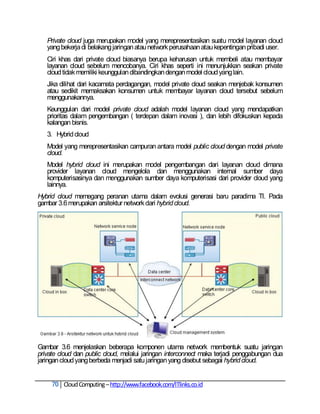 Private cloud juga merupakan model yang merepresentasikan suatu model layanan cloud
   yang bekerja di belakang jaringan atau network perusahaan atau kepentingan pribadi user.
   Ciri khas dari private cloud biasanya berupa keharusan untuk membeli atau membayar
   layanan cloud sebelum mencobanya. Ciri khas seperti ini menunjukkan seakan private
   cloud tidak memiliki keunggulan dibandingkan dengan model cloud yang lain.
   Jika dilihat dari kacamata perdagangan, model private cloud seakan menjebak konsumen
   atau sedikit memaksakan konsumen untuk membayar layanan cloud tersebut sebelum
   menggunakannya.
   Keunggulan dari model private cloud adalah model layanan cloud yang mendapatkan
   prioritas dalam pengembangan ( terdepan dalam inovasi ), dan lebih difokuskan kepada
   kalangan bisnis.
   3. Hybrid cloud
   Model yang merepresentasikan campuran antara model public cloud dengan model private
   cloud.
   Model hybrid cloud ini merupakan model pengembangan dari layanan cloud dimana
   provider layanan cloud mengelola dan menggunakan internal sumber daya
   komputerisasinya dan menggunakan sumber daya komputerisasi dari provider cloud yang
   lainnya.
Hybrid cloud memegang peranan utama dalam evolusi generasi baru paradima TI. Pada
gambar 3.6 merupakan arsitektur network dari hybrid cloud.




Gambar 3.6 menjelaskan beberapa komponen utama network membentuk suatu jaringan
private cloud dan public cloud, melalui jaringan interconnect maka terjadi penggabungan dua
jaringan cloud yang berbeda menjadi satu jaringan yang disebut sebagai hybrid cloud.


     70 Cloud Computing – http://www.facebook.com/ITlinks.co.id
 