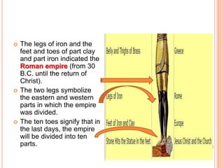 The legs of iron and the feet and toes of part clay and part iron indicated the Roman empire (from 30 B.C. until the return of Christ).The two legs symbolize the eastern and western parts in which the empire was divided. The ten toes signify that in the last days, the empire will be divided into ten parts. 