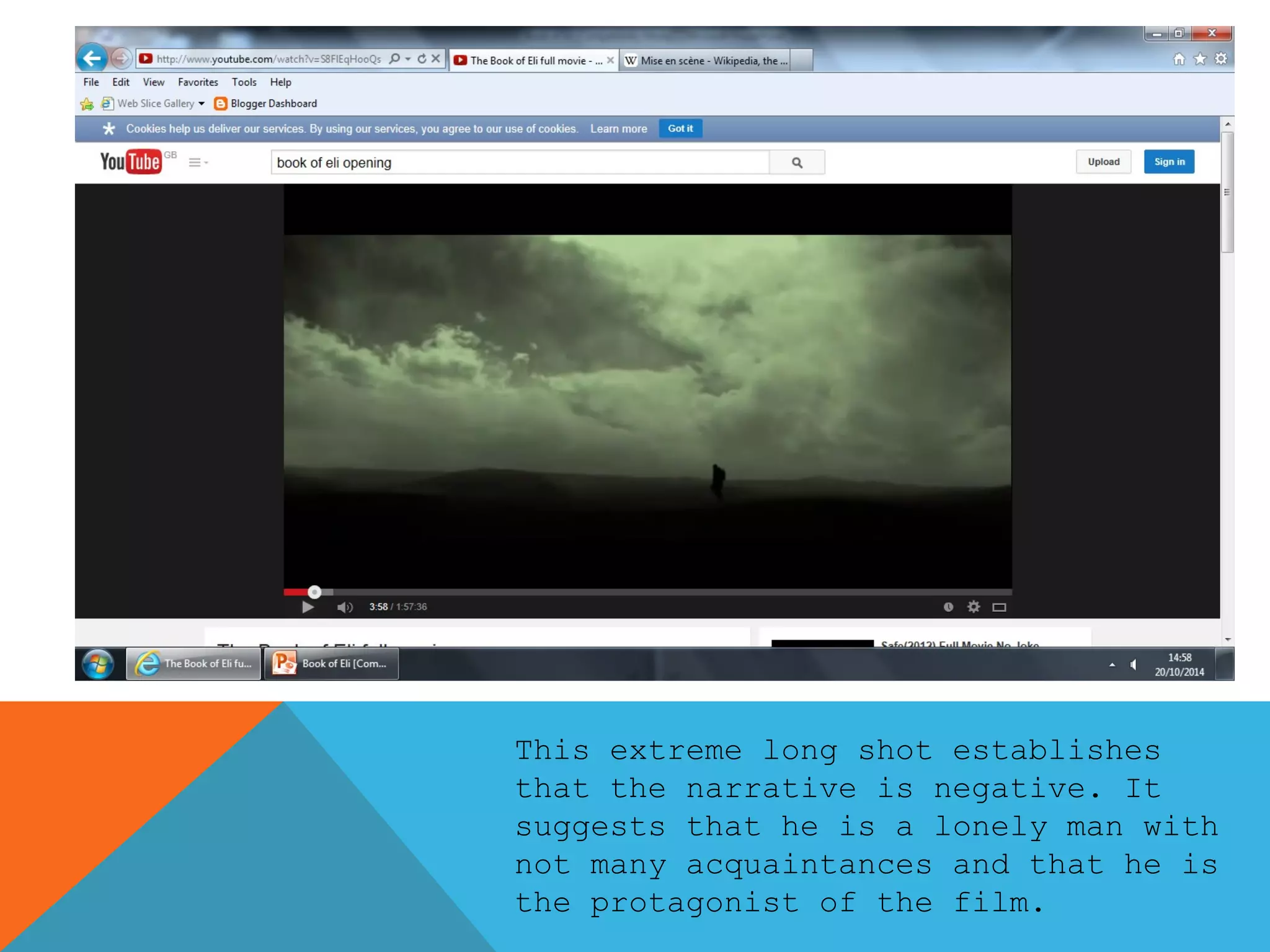 This extreme long shot establishes 
that the narrative is negative. It 
suggests that he is a lonely man with 
not many acquaintances and that he is 
the protagonist of the film. 
 
