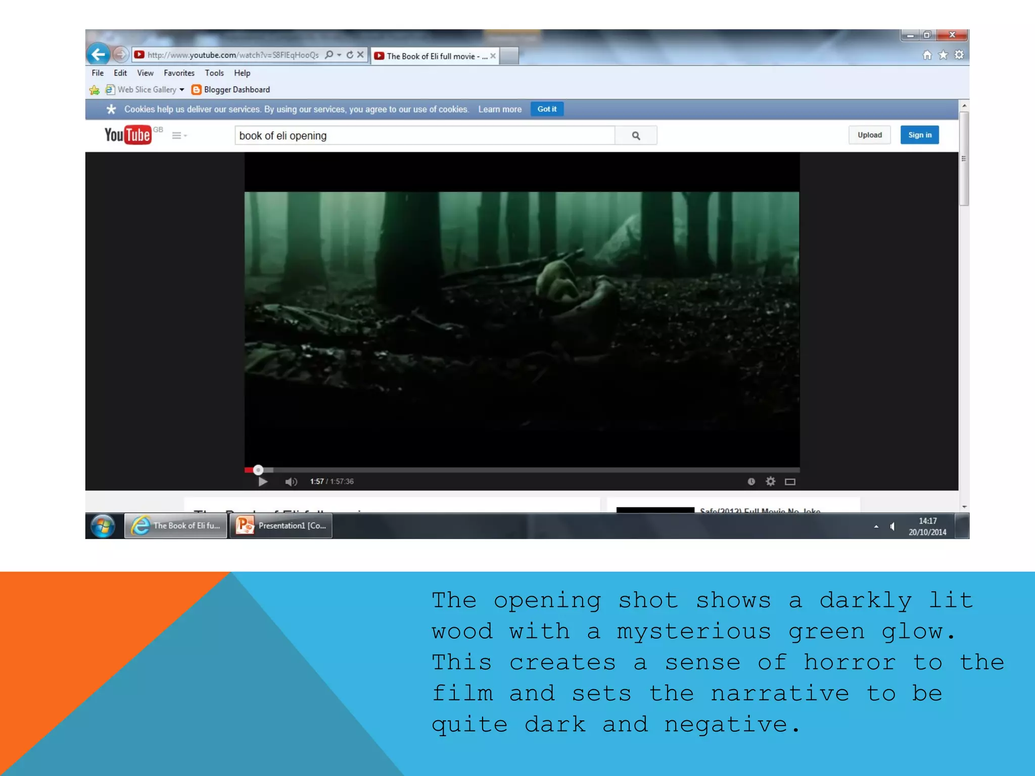 The opening shot shows a darkly lit 
wood with a mysterious green glow. 
This creates a sense of horror to the 
film and sets the narrative to be 
quite dark and negative. 
 