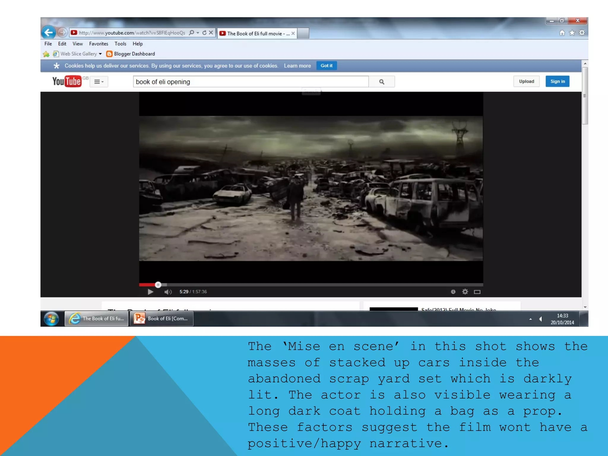 The ‘Mise en scene’ in this shot shows the 
masses of stacked up cars inside the 
abandoned scrap yard set which is darkly 
lit. The actor is also visible wearing a 
long dark coat holding a bag as a prop. 
These factors suggest the film wont have a 
positive/happy narrative. 
 