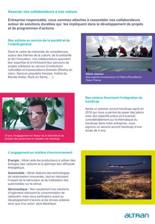 Des actions au service de la société et de
l’intérêt général
Dans le cadre de mécénats de compétences,
autour des thèmes de la culture, de la solidarité
et de l’innovation, nos collaborateurs apportent
leur expertise et enrichissent leur parcours de
projets solidaires au service d’institutions
culturelles et d’associations diverses (Restos du
cœur, Secours populaire français, Institut du
Monde Arabe, Rock en Seine, …).
Altran mécène
Nos experts innovent pour la Filière d’Excellence
Team France
Des actions favorisant l’intégration du
handicap
Après un premier accord handicap signé en
2016 qui nous a permis de poser des jalons
avec des objectifs précis et d’avancer
considérablement sur la thématique du
handicap dans notre entreprise, nous
signons un second accord handicap d’une
durée de 4 ans.
L’engagement en matière d’environnement
Energie : Altran aide les producteurs à utiliser des
énergies bas carbone et à optimiser leur efficacité
énergétique.
Automobile : Altran élabore des technologies
de motorisation innovantes, tout en réduisant
l’impact de la fabrication et de l’utilisation des
automobiles sur le climat.
Aéronautique : Non seulement nos solutions
d’ingénierie réduisent la consommation de
carburant, mais nous participons aussi au
développement d’avions et de drones solaires
ainsi que d’un avion plus électrique.
Associer nos collaborateurs à nos valeurs
Entreprise responsable, nous sommes attachés à rassembler nos collaborateurs
autour de solutions durables qui les impliquent dans le développement de projets
et de programmes d’actions.
10 ans d’engagement en faveur de la diversité et de
l’emploi des personnes en situation de handicap
 