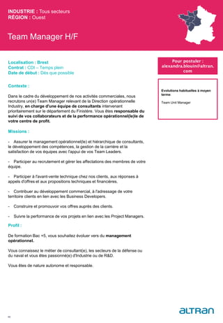 Team Manager H/F
Contexte :
Dans le cadre du développement de nos activités commerciales, nous
recrutons un(e) Team Manager relevant de la Direction opérationnelle
Industry, en charge d'une équipe de consultants intervenant
prioritairement sur le département du Finistère. Vous êtes responsable du
suivi de vos collaborateurs et de la performance opérationnel(le)le de
votre centre de profit.
Missions :
- Assurer le management opérationnel(le) et hiérarchique de consultants,
le développement des compétences, la gestion de la carrière et la
satisfaction de vos équipes avec l'appui de vos Team Leaders.
- Participer au recrutement et gérer les affectations des membres de votre
équipe.
- Participer à l'avant-vente technique chez nos clients, aux réponses à
appels d'offres et aux propositions techniques et financières.
- Contribuer au développement commercial, à l'adressage de votre
territoire clients en lien avec les Business Developers.
- Construire et promouvoir vos offres auprès des clients.
- Suivre la performance de vos projets en lien avec les Project Managers.
Profil :
De formation Bac +5, vous souhaitez évoluer vers du management
opérationnel.
Vous connaissez le métier de consultant(e), les secteurs de la défense ou
du naval et vous êtes passionné(e) d'Industrie ou de R&D.
Vous êtes de nature autonome et responsable.
INDUSTRIE : Tous secteurs
RÉGION : Ouest
46
Localisation : Brest
Contrat : CDI – Temps plein
Date de début : Dès que possible
Pour postuler :
alexandra.blouin@altran.
com
Evolutions habituelles à moyen
terme:
Team Unit Manager
 