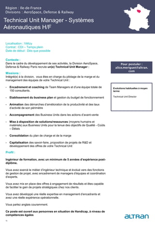 Technical Unit Manager - Systèmes
Aéronautiques H/F
Contexte :
Dans le cadre du développement de ses activités, la Division AeroSpace,
Defense & Railway Paris recrute un(e) Technical Unit Manager :
Missions :
Intégré(e) à la division, vous êtes en charge du pilotage de la marge et du
management des équipes de votre Technical Unit :
- Encadrement et coaching de Team Managers et d'une équipe totale de
150 consultants.
- Etablissement du business plan et gestion du budget de fonctionnement
- Animation des démarches d’amélioration de la productivité et des taux
d’activité de son périmètre
- Accompagnement des Business Units dans les actions d’avant-vente
- Mise à disposition de solutions/ressources (moyens humains et
matériels) aux Business Units pour la tenue des objectifs de Qualité - Coûts
– Délais
- Consolidation du plan de charge et de la marge
- Capitalisation des savoir-faire, proposition de projets de R&D et
développement des offres de votre Technical Unit
Profil :
Ingénieur de formation, avec un minimum de 5 années d’expérience post-
diplôme.
Vous avez exercé le métier d’ingénieur technique et évolué vers des fonctions
de gestion de projet, avec encadrement de managers d’équipes et coordination
d’experts.
Vous avez mis en place des offres à engagement de résultats et êtes capable
de faciliter le gain de projets stratégiques chez nos clients.
Vous avez développé une réelle expertise en management d’encadrants et
avez une réelle expérience opérationnelle.
Vous parlez anglais couramment.
Ce poste est ouvert aux personnes en situation de Handicap, à niveau de
compétences égales
16
Evolutions habituelles à moyen
terme:
Technical Unit Director
Pour postuler :
alice.meriguet@altran.
com
Région : Ile-de-France
Divisions : AeroSpace, Defense & Railway
Localisation : Vélizy
Contrat : CDI – Temps plein
Date de début : Dès que possible
 