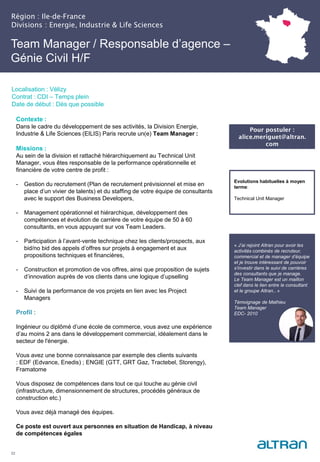 Région : Ile-de-France
Divisions : Energie, Industrie & Life Sciences
22
Localisation : Vélizy
Contrat : CDI – Temps plein
Date de début : Dès que possible
Evolutions habituelles à moyen
terme:
Technical Unit Manager
Contexte :
Dans le cadre du développement de ses activités, la Division Energie,
Industrie & Life Sciences (EILIS) Paris recrute un(e) Team Manager :
Missions :
Au sein de la division et rattaché hiérarchiquement au Technical Unit
Manager, vous êtes responsable de la performance opérationnelle et
financière de votre centre de profit :
- Gestion du recrutement (Plan de recrutement prévisionnel et mise en
place d’un vivier de talents) et du staffing de votre équipe de consultants
avec le support des Business Developers,
- Management opérationnel et hiérarchique, développement des
compétences et évolution de carrière de votre équipe de 50 à 60
consultants, en vous appuyant sur vos Team Leaders.
- Participation à l’avant-vente technique chez les clients/prospects, aux
bid/no bid des appels d’offres sur projets à engagement et aux
propositions techniques et financières,
- Construction et promotion de vos offres, ainsi que proposition de sujets
d’innovation auprès de vos clients dans une logique d’upselling
- Suivi de la performance de vos projets en lien avec les Project
Managers
Profil :
Ingénieur ou diplômé d’une école de commerce, vous avez une expérience
d’au moins 2 ans dans le développement commercial, idéalement dans le
secteur de l'énergie.
Vous avez une bonne connaissance par exemple des clients suivants
: EDF (Edvance, Enedis) ; ENGIE (GTT, GRT Gaz, Tractebel, Storengy),
Framatome
Vous disposez de compétences dans tout ce qui touche au génie civil
(infrastructure, dimensionnement de structures, procédés généraux de
construction etc.)
Vous avez déjà managé des équipes.
Ce poste est ouvert aux personnes en situation de Handicap, à niveau
de compétences égales
Team Manager / Responsable d’agence –
Génie Civil H/F
Pour postuler :
alice.meriguet@altran.
com
« J’ai rejoint Altran pour avoir les
activités combinés de recruteur,
commercial et de manager d’équipe
et je trouve intéressant de pouvoir
s’investir dans le suivi de carrières
des consultants que je manage.
Le Team Manager est un maillon
clef dans le lien entre le consultant
et le groupe Altran.. »
Témoignage de Mathieu
Team Manager
EDC- 2010
 