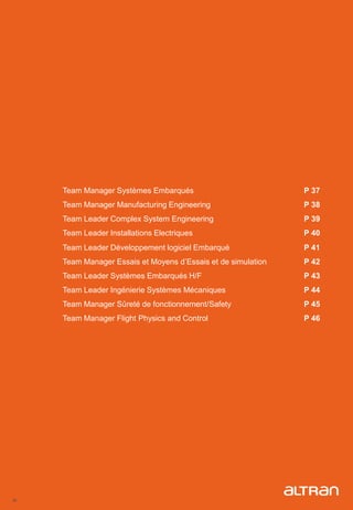 36
Team Manager Systèmes Embarqués P 37
Team Manager Manufacturing Engineering P 38
Team Leader Complex System Engineering P 39
Team Leader Installations Electriques P 40
Team Leader Développement logiciel Embarqué P 41
Team Manager Essais et Moyens d’Essais et de simulation P 42
Team Leader Systèmes Embarqués H/F P 43
Team Leader Ingénierie Systèmes Mécaniques P 44
Team Manager Sûreté de fonctionnement/Safety P 45
Team Manager Flight Physics and Control P 46
 
