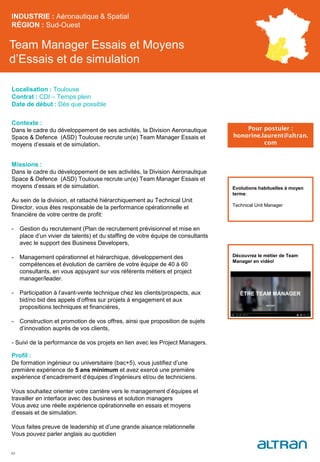 Team Manager Essais et Moyens
d’Essais et de simulation
Contexte :
Dans le cadre du développement de ses activités, la Division Aeronautique
Space & Defence (ASD) Toulouse recrute un(e) Team Manager Essais et
moyens d’essais et de simulation.
Missions :
Dans le cadre du développement de ses activités, la Division Aeronautique
Space & Defence (ASD) Toulouse recrute un(e) Team Manager Essais et
moyens d’essais et de simulation.
Au sein de la division, et rattaché hiérarchiquement au Technical Unit
Director, vous êtes responsable de la performance opérationnelle et
financière de votre centre de profit:
- Gestion du recrutement (Plan de recrutement prévisionnel et mise en
place d’un vivier de talents) et du staffing de votre équipe de consultants
avec le support des Business Developers,
- Management opérationnel et hiérarchique, développement des
compétences et évolution de carrière de votre équipe de 40 à 60
consultants, en vous appuyant sur vos référents métiers et project
manager/leader.
- Participation à l’avant-vente technique chez les clients/prospects, aux
bid/no bid des appels d’offres sur projets à engagement et aux
propositions techniques et financières,
- Construction et promotion de vos offres, ainsi que proposition de sujets
d’innovation auprès de vos clients,
- Suivi de la performance de vos projets en lien avec les Project Managers.
Profil :
De formation ingénieur ou universitaire (bac+5), vous justifiez d’une
première expérience de 5 ans minimum et avez exercé une première
expérience d’encadrement d’équipes d’ingénieurs et/ou de techniciens.
Vous souhaitez orienter votre carrière vers le management d’équipes et
travailler en interface avec des business et solution managers
Vous avez une réelle expérience opérationnelle en essais et moyens
d’essais et de simulation.
Vous faites preuve de leadership et d’une grande aisance relationnelle
Vous pouvez parler anglais au quotidien
INDUSTRIE : Aéronautique & Spatial
RÉGION : Sud-Ouest
42
Localisation : Toulouse
Contrat : CDI – Temps plein
Date de début : Dès que possible
Pour postuler :
honorine.laurent@altran.
com
Evolutions habituelles à moyen
terme:
Technical Unit Manager
Découvrez le métier de Team
Manager en vidéo!
 