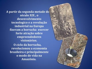 A partir da segunda metade do século XIX , o desenvolvimento tecnologico e a revolução industrial na Europa fizeram a borracha  exercer forte atração sobre empreendedores visionários.  O ciclo da borracha, revolucionou a economia brasileira e principalmente o modo de vida na Amazônia.  