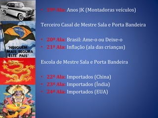 19ª Ala:  Anos JK (Montadoras veículos) Terceiro Casal de Mestre Sala e Porta Bandeira 20ª Ala:  Brasil: Ame-o ou Deixe-o 21ª Ala:  Inflação (ala das crianças) Escola de Mestre Sala e Porta Bandeira 22ª Ala:  Importados (China) 23ª Ala:  Importados (Índia) 24ª Ala:  Importados (EUA) 