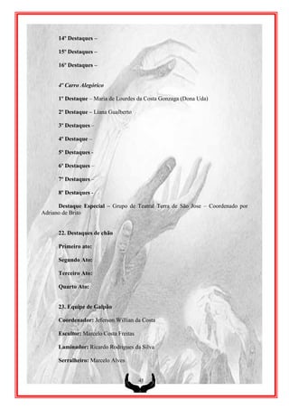 14º Destaques –

      15º Destaques –

      16º Destaques –


      4º Carro Alegórico

      1º Destaque – Maria de Lourdes da Costa Gonzaga (Dona Uda)

      2º Destaque – Liana Gualberto

      3º Destaques –

      4º Destaque –

      5º Destaques -

      6º Destaques –

      7º Destaques –

      8º Destaques -

      Destaque Especial – Grupo de Teatral Terra de São Jose – Coordenado por
Adriano de Brito


      22. Destaques de chão

      Primeiro ato:

      Segundo Ato:

      Terceiro Ato:

      Quarto Ato:


      23. Equipe de Galpão

      Coordenador: Jeferson Willian da Costa

      Escultor: Marcelo Costa Freitas

      Laminador: Ricardo Rodrigues da Silva

      Serralheiro: Marcelo Alves


                                        45
 