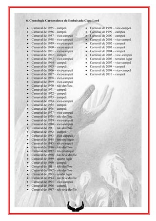 6. Cronologia Carnavalesca da Embaixada Copa Lord

   Carnaval de 1955 – campeã                Carnaval de 1998 – vice-campeã
   Carnaval de 1956 – campeã                Carnaval de 1999 – campeã
   Carnaval de 1957 – vice-campeã           Carnaval de 2000 – campeã
   Carnaval de 1958 – vice-campeã           Carnaval de 2001 – vice-campeã
   Carnaval de 1959 – vice-campeã           Carnaval de 2002 – campeã
   Carnaval de 1960 – vice-campeã           Carnaval de 2003 – campeã
   Carnaval de 1961 – vice-campeã           Carnaval de 2004 – campeã
   Carnaval de 1962 – campeã                Carnaval de 2005 – vice–campeã
   Carnaval de 1963 – vice-campeã           Carnaval de 2006 – terceiro lugar
   Carnaval de 1964 – campeã                Carnaval de 2007 – vice-campeã
   Carnaval de 1965 – campeã                Carnaval de 2008 – campeã
   Carnaval de 1966 – vice-campeã           Carnaval de 2009 – vice-campeã
   Carnaval de 1967 – vice-campeã           Carnaval de 2010 – campeã
   Carnaval de 1968 – vice-campeã
   Carnaval de 1969 – vice-campeã
   Carnaval de 1970 – não desfilou
   Carnaval de 1971 – campeã
   Carnaval de 1972 – campeã
   Carnaval de 1973 – campeã
   Carnaval de 1974 – vice-campeã
   Carnaval de 1975 – campeã
   Carnaval de 1976 – campeã
   Carnaval de 1977 – vice-campeã
   Carnaval de 1978 – não desfilou
   Carnaval de 1979 – vice-campeã
   Carnaval de 1980 – vice-campeã
   Carnaval de 1981 – não desfilou
   Carnaval de 1982 – campeã
   Carnaval de 1983 – vice-campeã
   Carnaval de 1984 – terceiro lugar
   Carnaval de 1985 – vice-campeã
   Carnaval de 1986 – não desfilou
   Carnaval de 1987 – terceiro lugar
   Carnaval de 1988 – não teve desfile
   Carnaval de 1989 – quarto lugar
   Carnaval de 1990 – campeã
   Carnaval de 1991 – não desfilou
   Carnaval de 1992 – não desfilou
   Carnaval de 1993 – quarto lugar
   Carnaval de 1994 – não teve desfile
   Carnaval de 1995 – vice-campeã
   Carnaval de 1996 – campeã
   Carnaval de 1997 – não teve desfile



                                     8
 