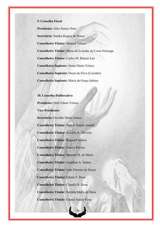 9. Conselho Fiscal

Presidente: Júlio Santos Neto

Secretária: Sandra Regina de Souza

Conselheiro Titular: Manoel Veloso

Conselheiro Titular: Maria de Lourdes da Costa Gonzaga

Conselheiro Titular: Carlos M. Ramos Luz

Conselheira Suplente: Sonia Maria Veloso

Conselheiro Suplente: Oscar da Silva (Cazinho)

Conselheira Suplente: Maria da Graça Sabino



10. Conselho Deliberativo

Presidente: Dóri Edson Veloso

Vice-Presidente:

Secretário: Osvaldo Meira Junior

Conselheiro Titular: Nestor Soares Aranha

Conselheiro Titular: Rocelio A. Oliveira

Conselheiro Titular: Raquel Cardoso

Conselheiro Titular: Otavio Pereira

Conselheiro Titular: Maureci H. de Maria

Conselheiro Titular: Jonathan A. Santos

Conselheiro Titular: João Ferreira de Souza

Conselheiro Titular: Edenir F. Rosa

Conselheiro Titular: Claudio R. Rosa

Conselheiro Titular: Nerilda Mafra da Maia

Conselheiro Titular: Edenio Salesi Rosa


                                10
 