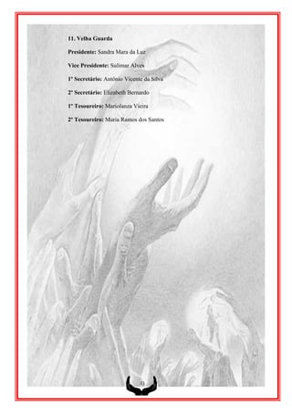 11. Velha Guarda

Presidente: Sandra Mara da Luz

Vice Presidente: Sulimar Alves

1º Secretário: Antônio Vicente da Silva

2º Secretário: Elizabeth Bernardo

1º Tesoureiro: Mariolanza Vieira

2º Tesoureiro: Maria Ramos dos Santos




                             11
 