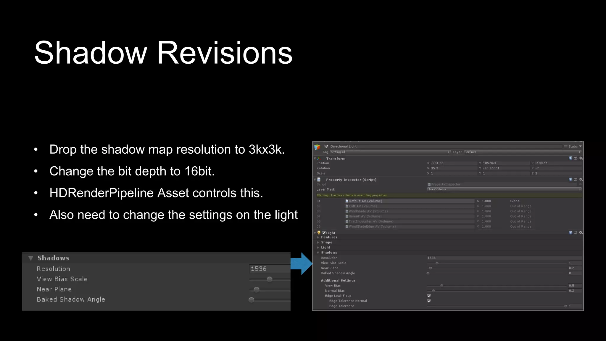 • Drop the shadow map resolution to 3kx3k.
• Change the bit depth to 16bit.
• HDRenderPipeline Asset controls this.
• Also need to change the settings on the light
Shadow Revisions
 