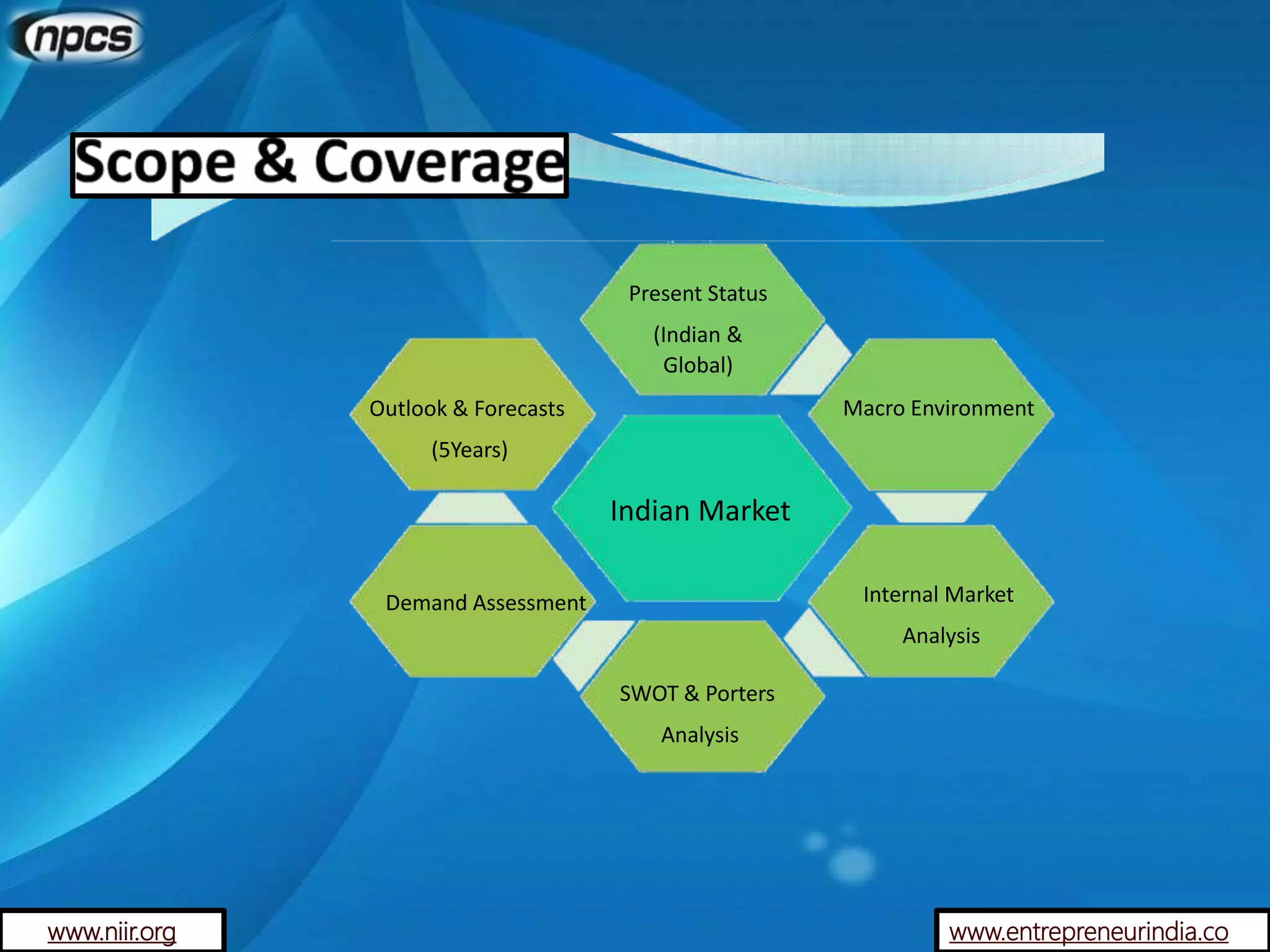 www.entrepreneurindia.co
Present Status
(Indian &
Global)
Macro Environment
Indian Market
Outlook & Forecasts
(5Years)
Demand Assessment
SWOT & Porters
Analysis
Internal Market
Analysis
www.niir.org
 
