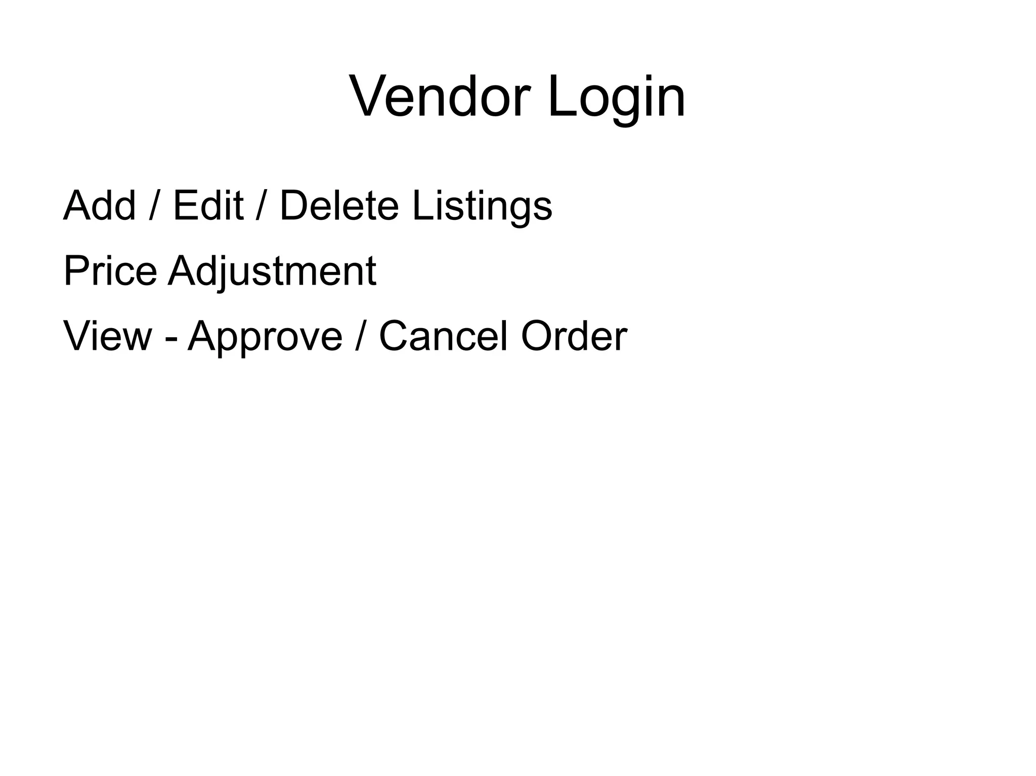 Vendor Login Add / Edit / Delete Listings 